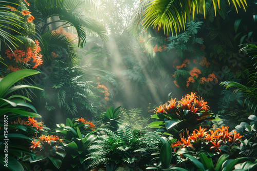 A lush rainforest with exotic birds and plants