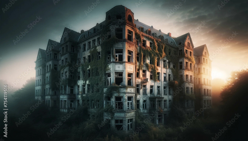 An abandoned residential building at dawn, its facade crumbling and overgrown with ivy. Windows are broken or boarded up, and the once bright paint is now faded and peeling.