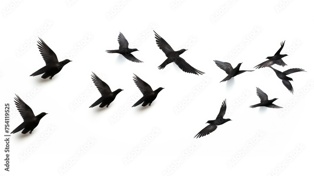 A Graceful Flight: Silhouetted Birds Soaring Against a White Background A Graceful Flight: Silhouetted Birds Soaring Against a White Background
