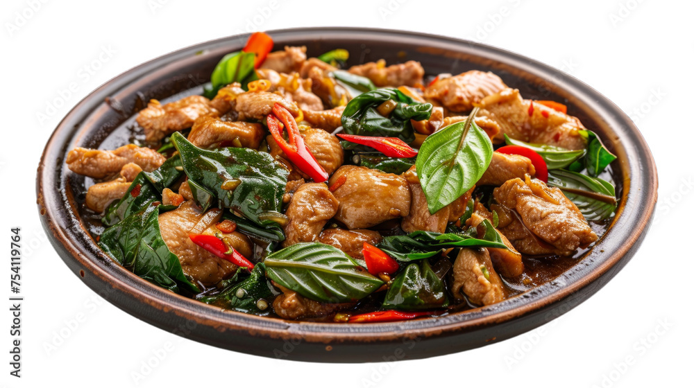 Stir-Fried Chicken with Holy Basil on isolated on transparent png background. Generative ai Stir-Fried Chicken with Holy Basil on isolated on transparent png background. Generative ai