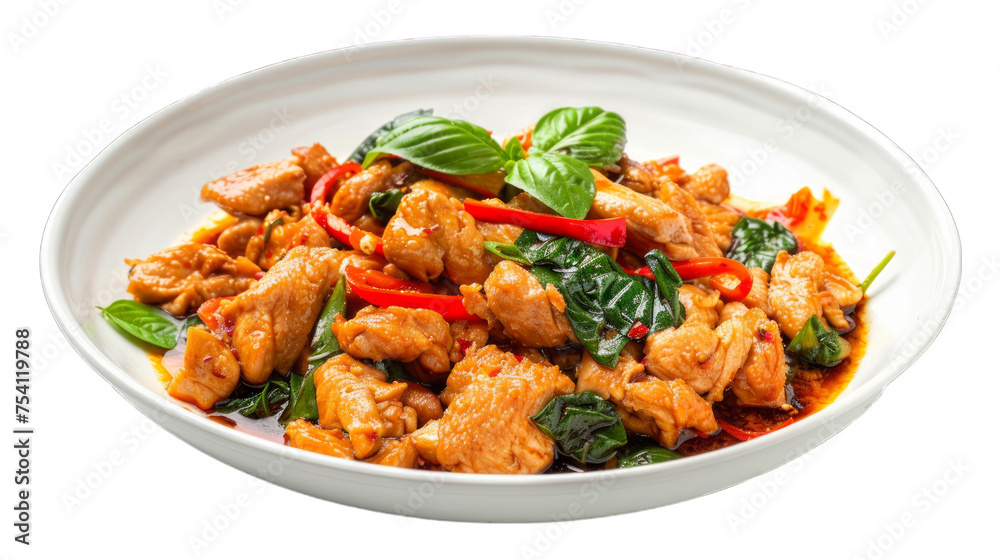 Stir-Fried Chicken with Holy Basil on isolated on transparent png background. Generative ai Stir-Fried Chicken with Holy Basil on isolated on transparent png background. Generative ai