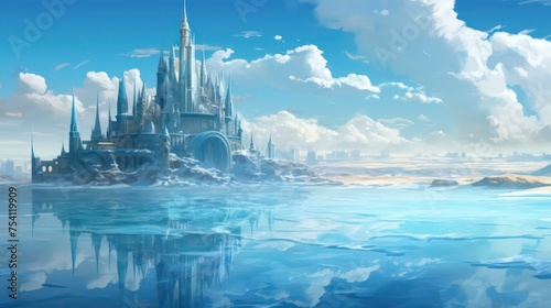 Majestic Ice Castle Amidst a Serene Snowy Landscape Reflecting on Crystal Clear Waters