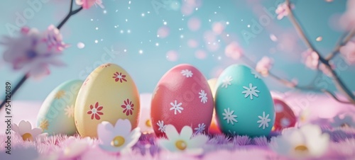 Colorful hand painted Easter eggs and a blooming branch on a pastel background. Easter decoration, banner, panorama, background with copy space for text. Happy Easter.