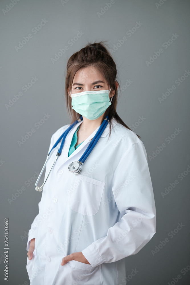 Young Asian female doctor standing on grey background. Young Asian female doctor standing on grey background.