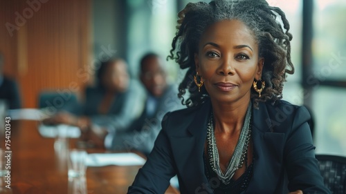 Close-up portrait of elegant black female businesswoman sitting at conference table in a boardroom. Confident African American executive discussing project plan at group multiethnic briefing. photo