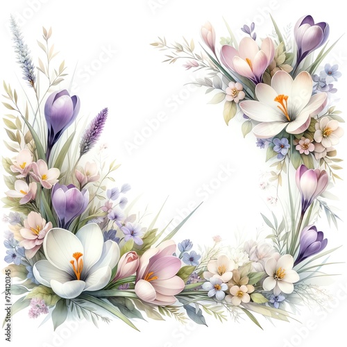 Watercolor painting of Crocuses flowers and botanical elements for corner and border invitation