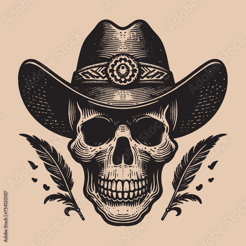 Cowboy skull in a hat. Old vintage engraving illustration. Hand drawn outline graphic. Logo, emblem, icon. Isolated object, cut out. black and white	