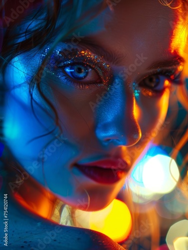 An intense portrait of a young woman, her face lit by neon, the gleam of glitter makeup enhancing her striking features.