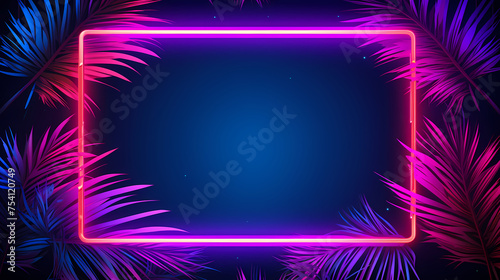 Neon frame with tropical palm leaves on dark background