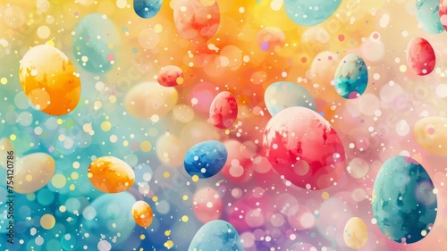 Colorful hand painted Easter eggs floating in the air with bubbles on colorful pastel background. Easter decoration, banner, panorama, background with copy space for text. Happy Easter.