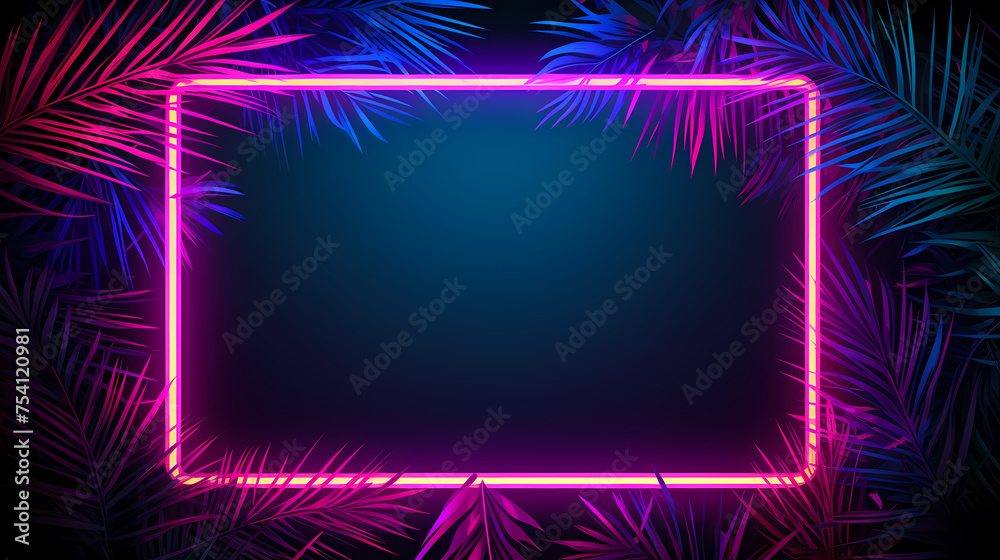 Obraz premium Neon frame with tropical palm leaves on dark background