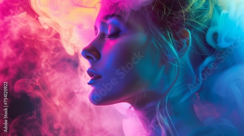 A woman's profile enhanced by the mesmerizing interplay of pink and blue smoke hues.
