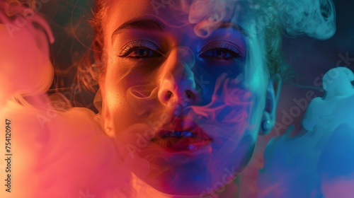 Woman's face partly veiled by ethereal smoke, blending beauty with an enigmatic mood.