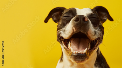 A smiling happy black and white pit bull terrier mixed dog isolated on a yellow background.  photo