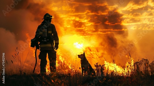 A silhouette of a firefighter and dog standing valiantly before a massive fire golden hour light casting long shadows