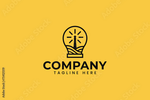 lighthouse with lamp light and sea wave logo for creative community building company business