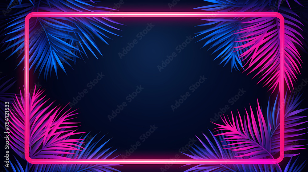 Neon frame with tropical palm leaves on dark background Neon frame with tropical palm leaves on dark background