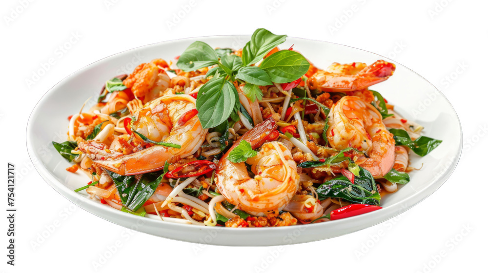 Stir-Fried Seafood with Chili and Thai Herbs on isolated on transparent png background. Generative ai