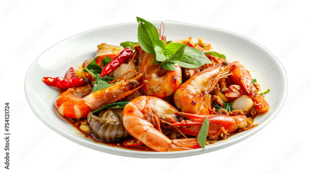 Stir-Fried Seafood with Chili and Thai Herbs on isolated on transparent png background. Generative ai Stir-Fried Seafood with Chili and Thai Herbs on isolated on transparent png background. Generative ai