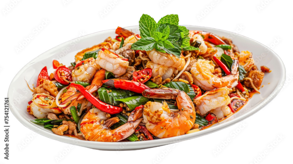 Stir-Fried Seafood with Chili and Thai Herbs on isolated on transparent png background. Generative ai Stir-Fried Seafood with Chili and Thai Herbs on isolated on transparent png background. Generative ai