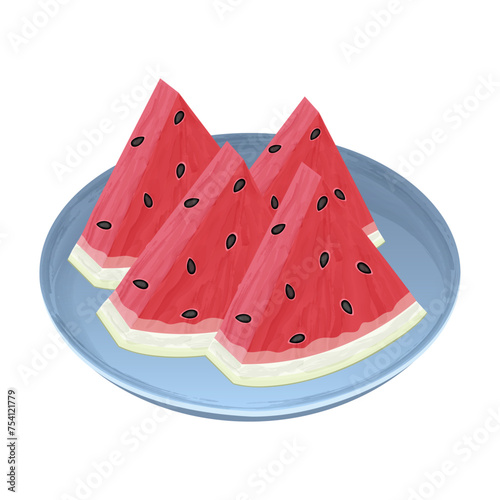 Slice watermelon. Triangular pieces watermelon with black seeds blue plate isolated transparent and white background. Close-up element for decorating design with food. Vector watercolor illustration.