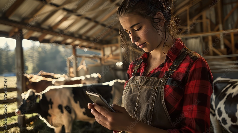 On a cow farm, female farmer effectively manages processes while holding a tablet. Calculation and analysis of milk yield and livestock growth. Streamlined farm processes with technology.