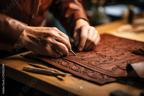 Leathersmith or leather craftsman engraving a thick piece of brown-tanned leather