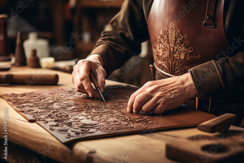 Leathersmith or leather craftsman engraving a thick piece of brown-tanned leather