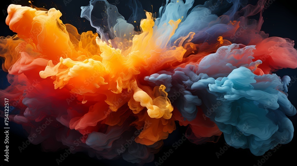 Intense clash of deep indigo and fiery scarlet liquids, creating a vivid and dynamic abstract scene that resonates with explosive energy - obrazy, fototapety, plakaty 