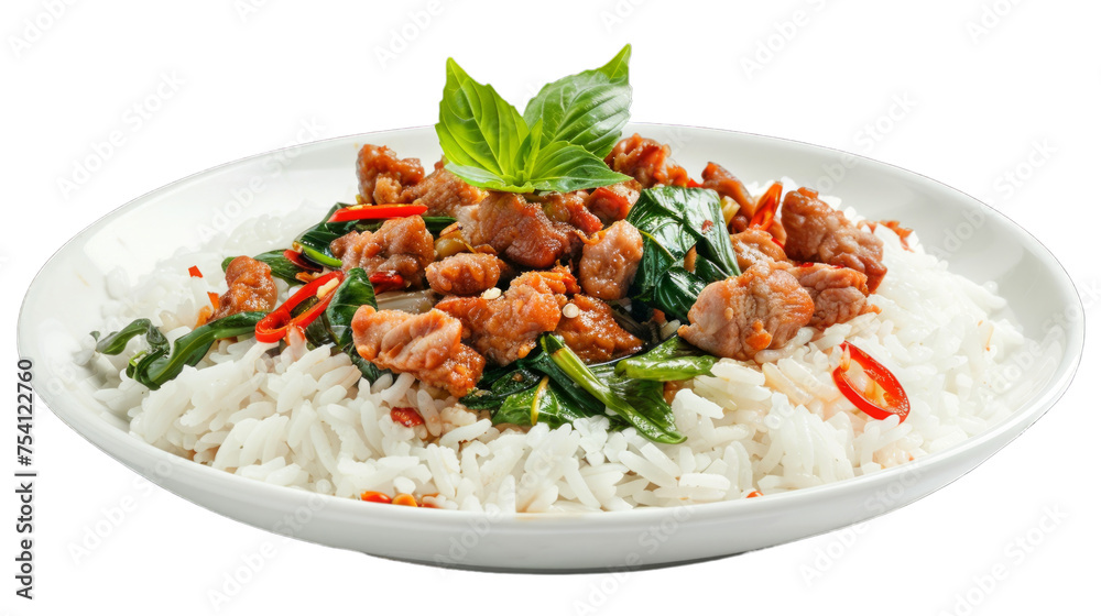 Rice topped with stir fried crispy pork on isolated on transparent png background. Generative ai Rice topped with stir fried crispy pork on isolated on transparent png background. Generative ai