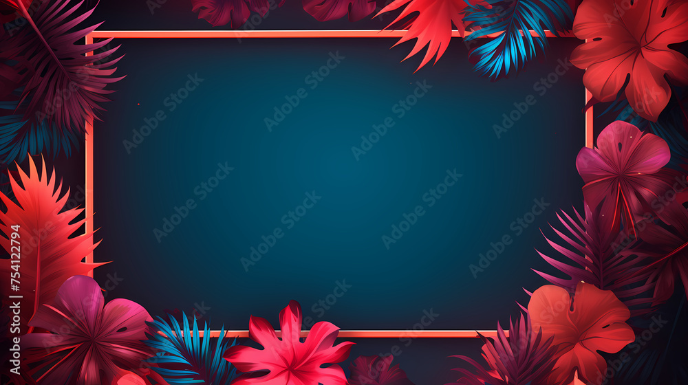Neon frame with tropical palm leaves on dark background Neon frame with tropical palm leaves on dark background