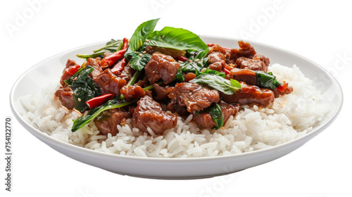 Rice topped with stir fried crispy pork on isolated on transparent png background. Generative ai