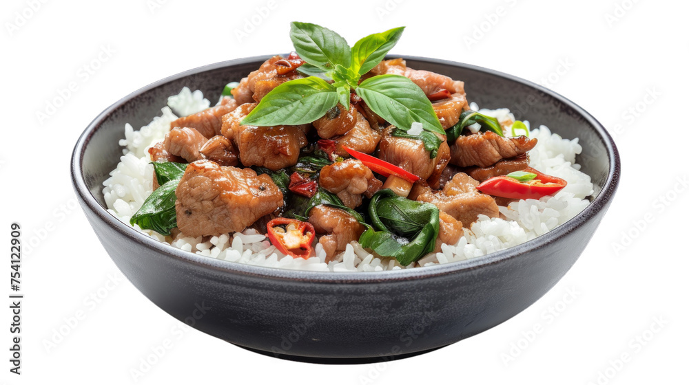 Rice topped with stir fried pork and basil on isolated on transparent png background. Generative ai Rice topped with stir fried pork and basil on isolated on transparent png background. Generative ai