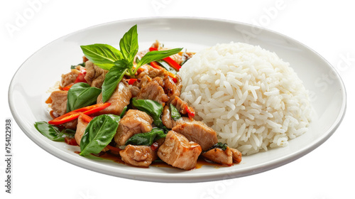 Rice topped with stir fried pork and basil on isolated on transparent png background. Generative ai photo