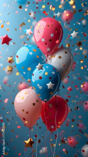 Balloons and confetti border. Birthday or party background. Festive card.