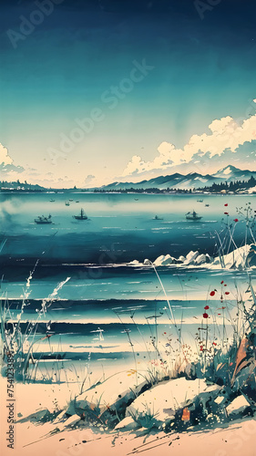 A beautiful Vintage Watercolor Style Japanese Coastal Seascape