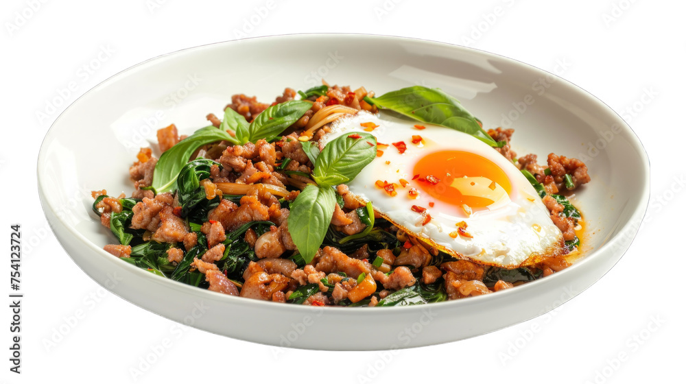 Stir fried Thai basil with minced pork and a fried egg on isolated on transparent png background. Generative ai Stir fried Thai basil with minced pork and a fried egg on isolated on transparent png background. Generative ai