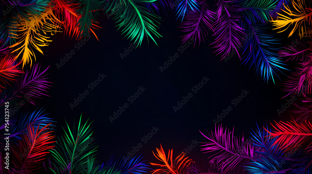 Neon frame with tropical palm leaves on dark background