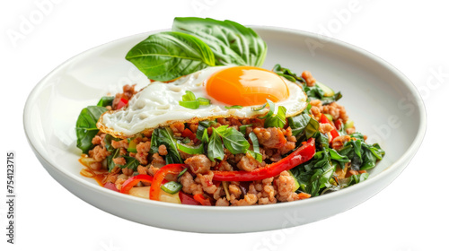 Stir fried Thai basil with minced pork and a fried egg on isolated on transparent png background. Generative ai