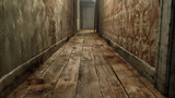 narrow wooden corridor, cracked dirty wooden floor, dirty peeling wallpaper. Generative AI
