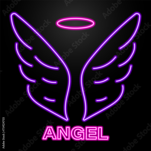 angel neon sign, modern glowing banner design, colorful modern design trend on black background. Vector illustration.