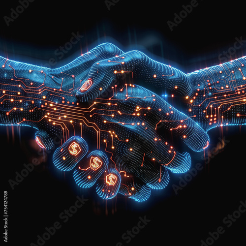 An electrifying illustration showcases a digital handshake  symbolizing technological collaboration or agreement