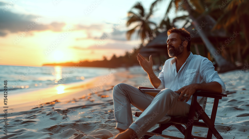 Handsome man sitting on a beach chair and reading a book at sunset