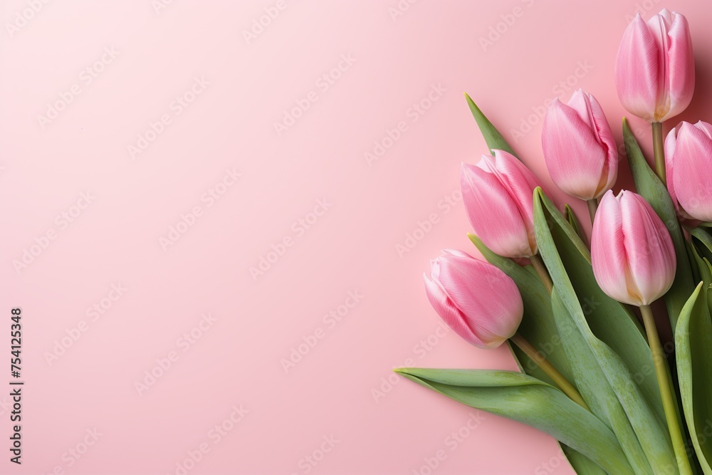 Bouquet pink tulips flowers on light pink background