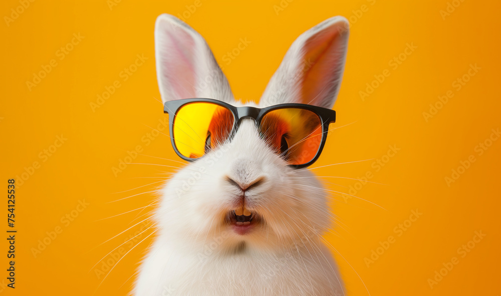 Cute bunny with sunglasses on a yellow background. Generative ai 