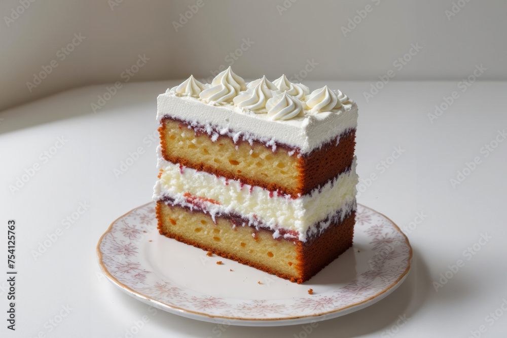 Beautiful slice of tasty white cake with white cream on white table Beautiful slice of tasty white cake with white cream on white table