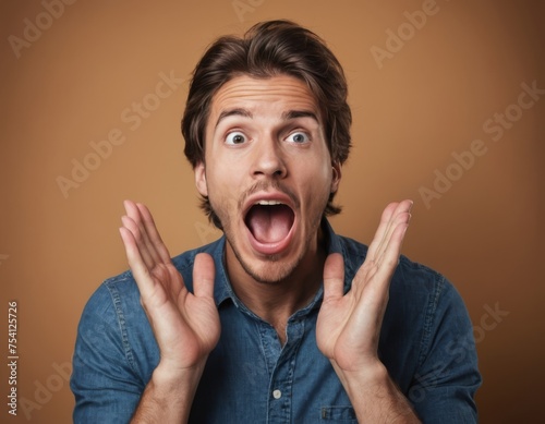 A man is making a surprised face. He is holding his hands up in the air and has his mouth open. Concept of shock or disbelief photo