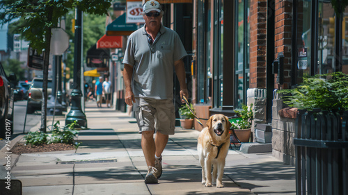 A man with a dog, carelessly dressed, walks down the sidewalk of the street. Generative AI