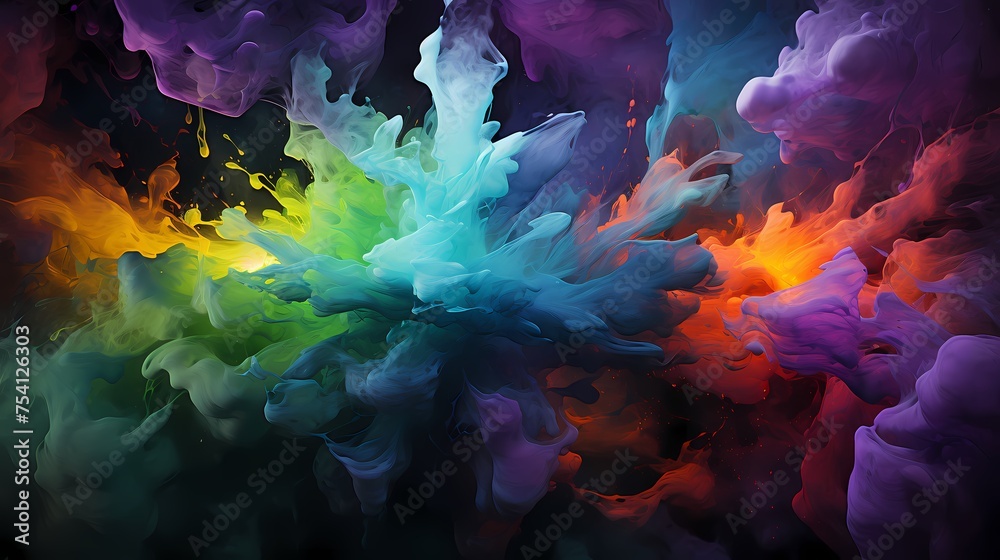 Vibrant green and cosmic purple liquids colliding with explosive force, forming a visually captivating and intense abstract composition Vibrant green and cosmic purple liquids colliding with explosive force, forming a visually captivating and intense abstract composition