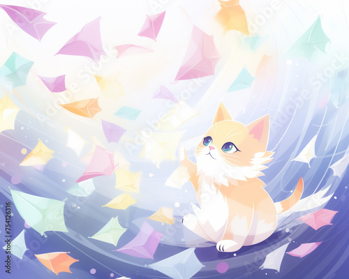 Playful cat reaching for a pastel origami boat close-up on the whimsical maritime adventure